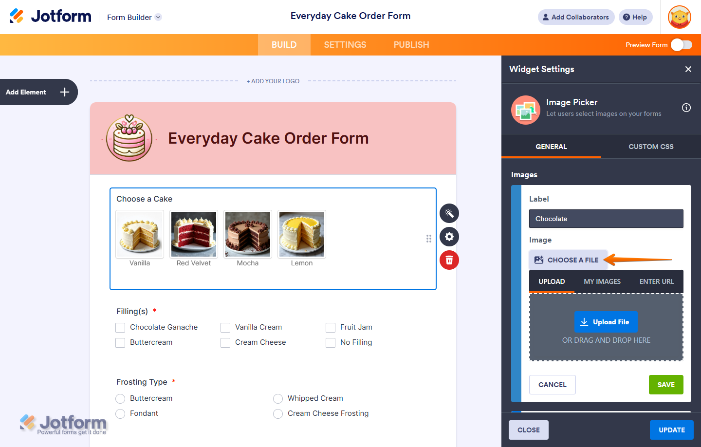 Choose a File button in the Image Option menu in the Image Picker Widget Settings menu in Jotform Form Builder