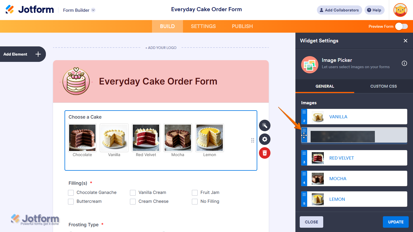 Drag Handle space of an Image option in the Image Picker Widget Settings menu in Jotform Form Builder