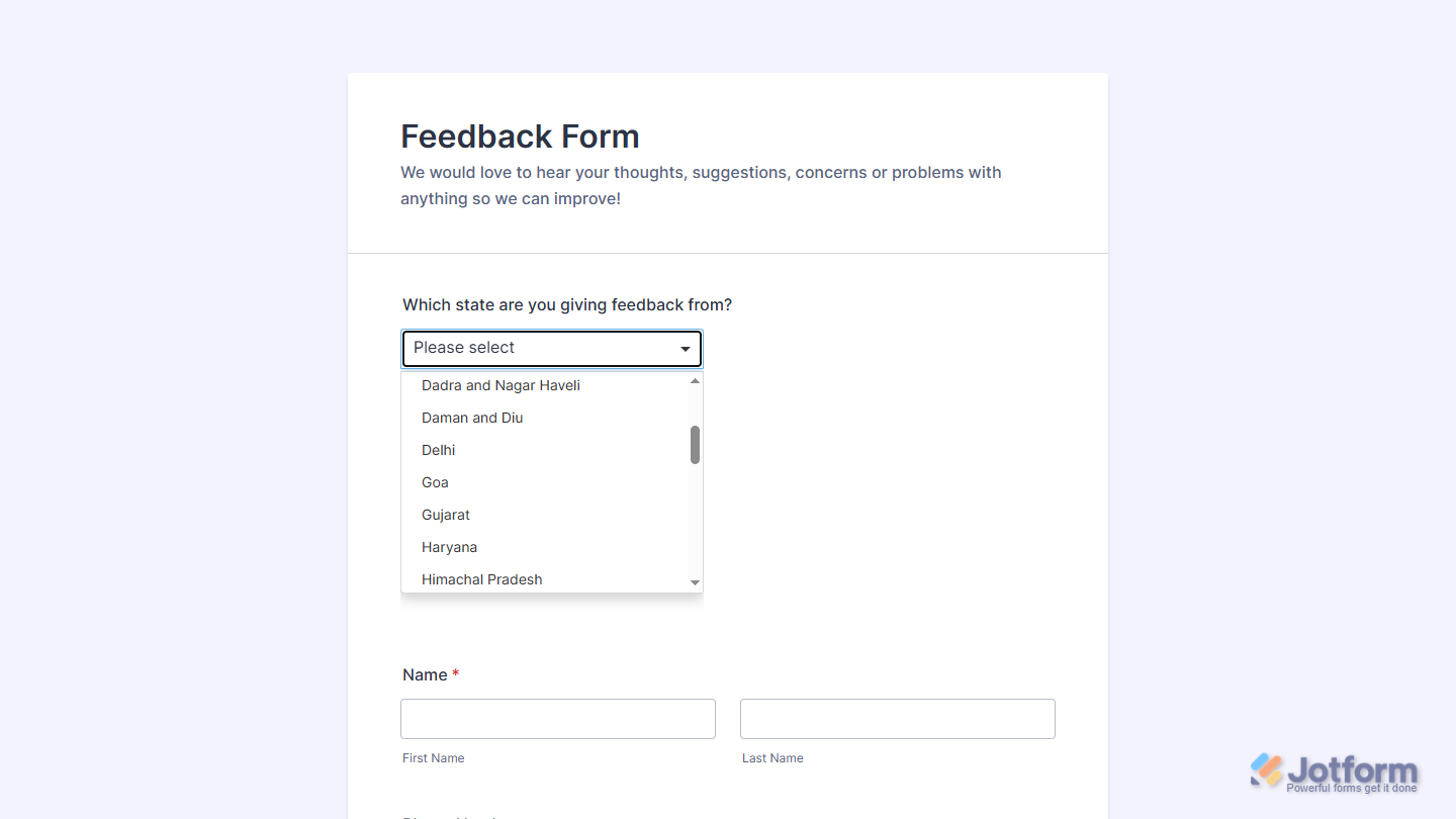 India States widget on a Jotform form