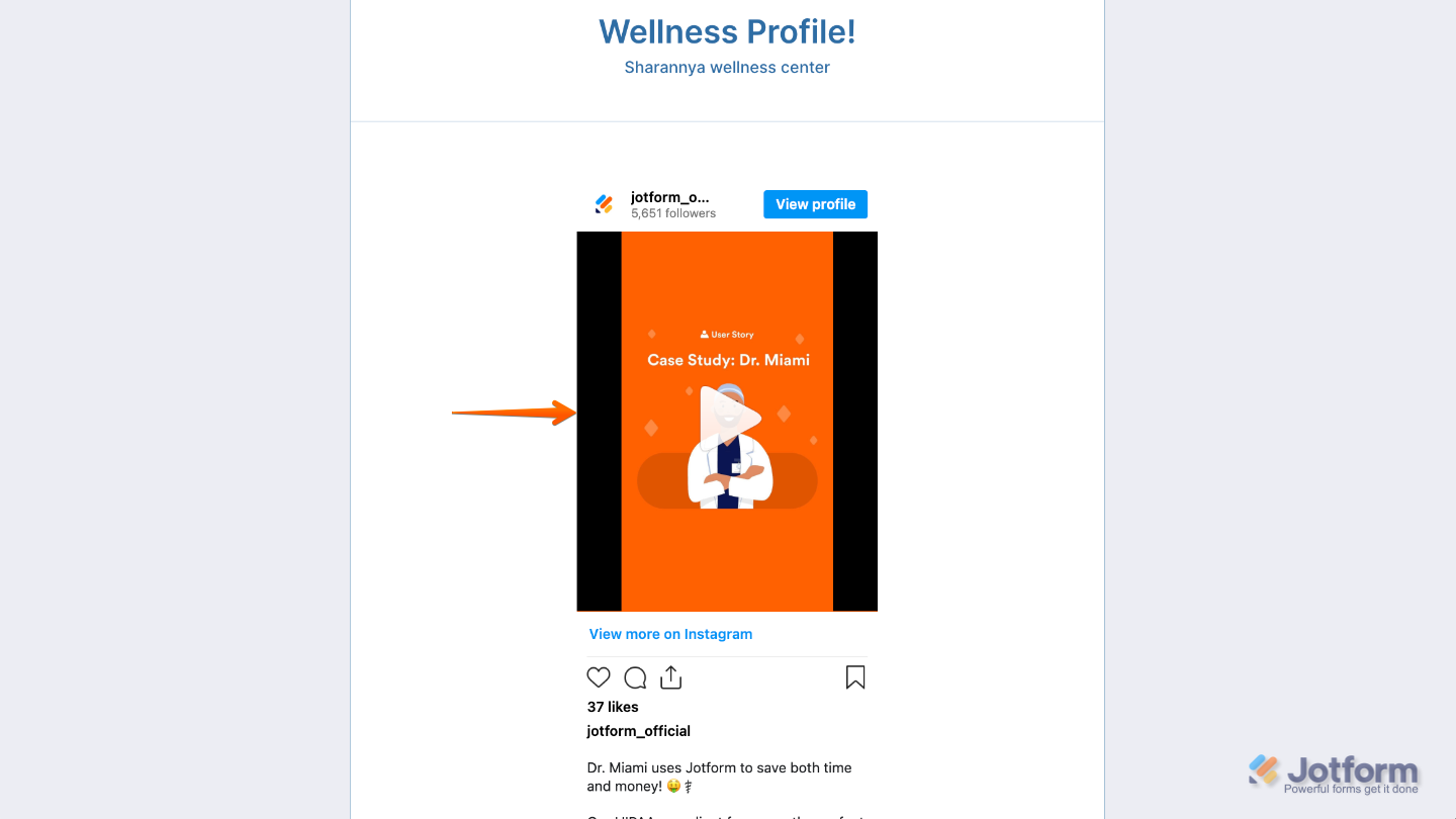Instagram widget preview showing Instagram content integrated directly into a live form