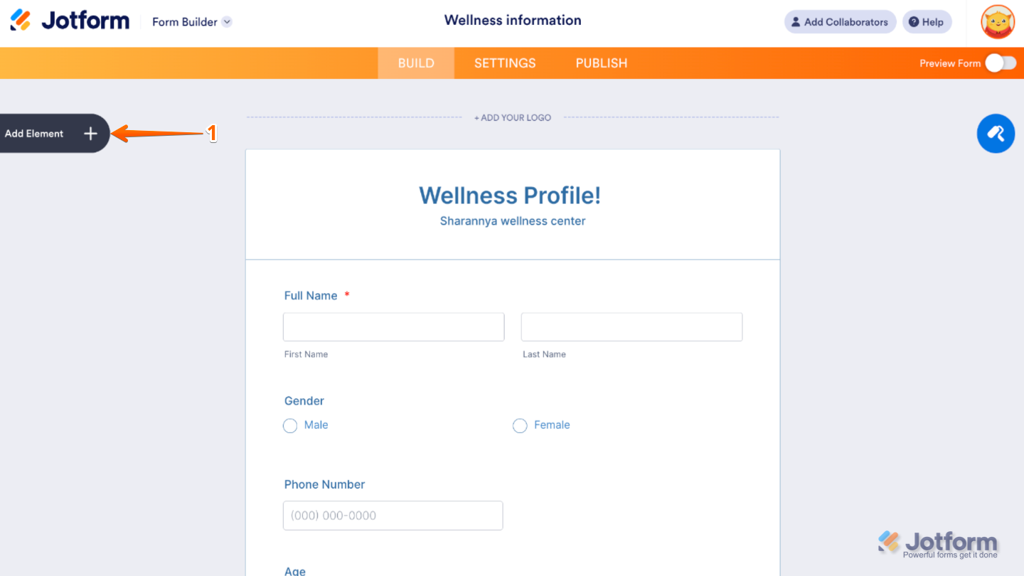 Form Builder interface highlighting the Add Element button on the left panel