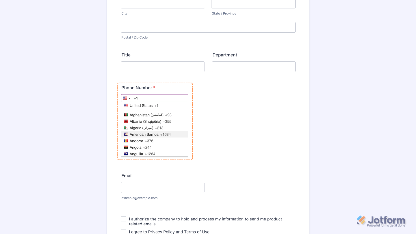 Form with International Telephone Picker widget enabled, allowing users to enter phone numbers with the correct country code