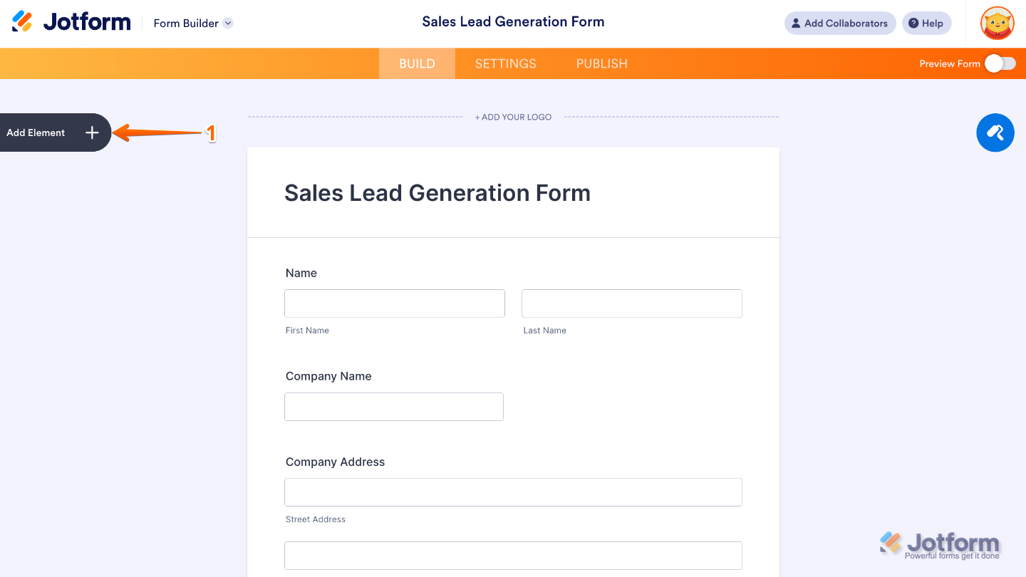 Form Builder interface showing the Add Element button on the left panel