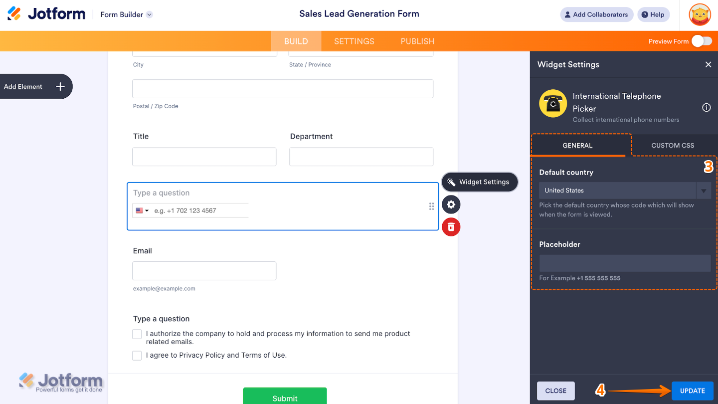 Widget Settings panel for International Telephone Picker in Jotform with Default Country and Placeholder configured