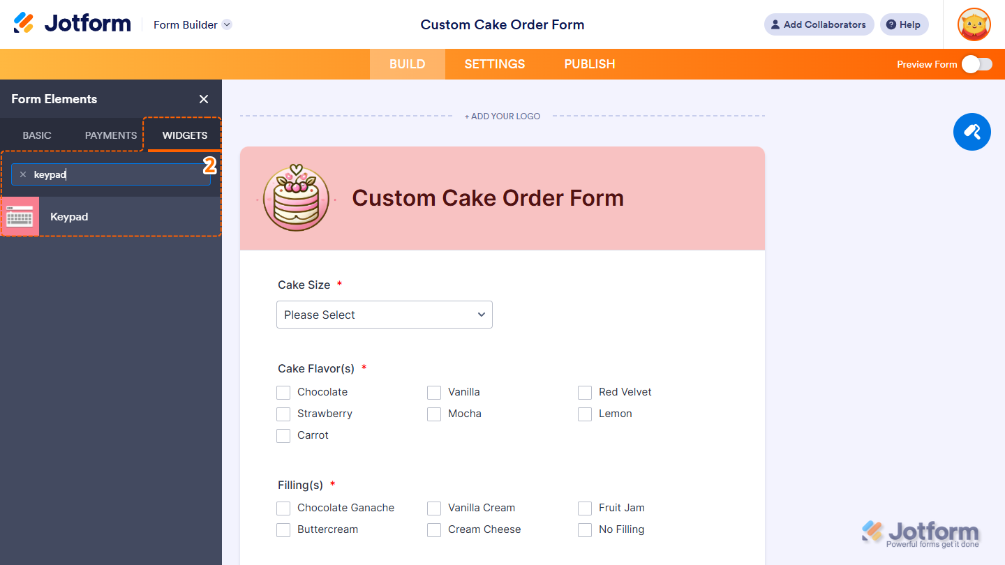 Keypad element under the Widgets tab of the Form Elements menu in Jotform Form Builder