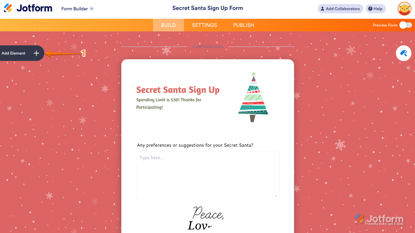 Form Builder dashboard showing the Add Element button on the left-side panel