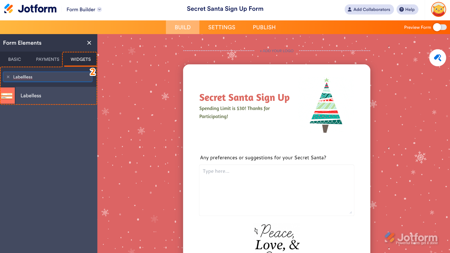 Form Elements menu under the Widgets tab showing the Labelless widget being searched and selected