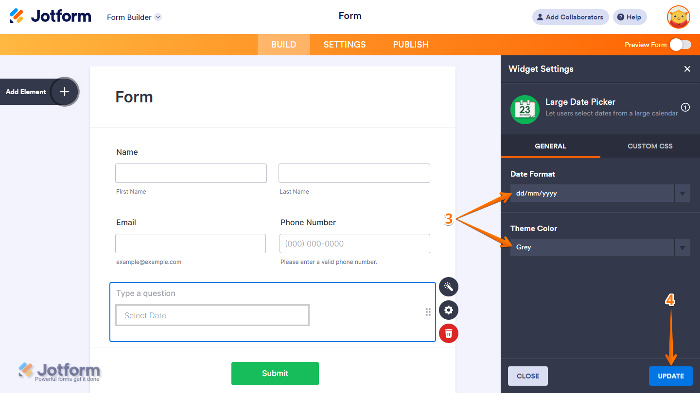 Large Date Picker widget General settings showing Date Format and Theme Color options with Update button in Jotform