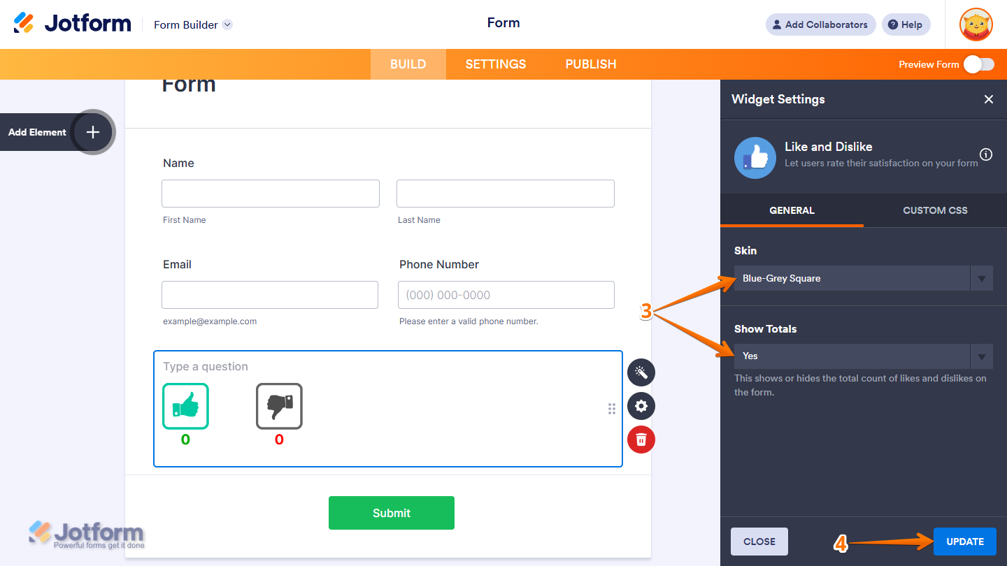 Like and Dislike widget General settings showing Skin Show Totals options and Update button in Jotform