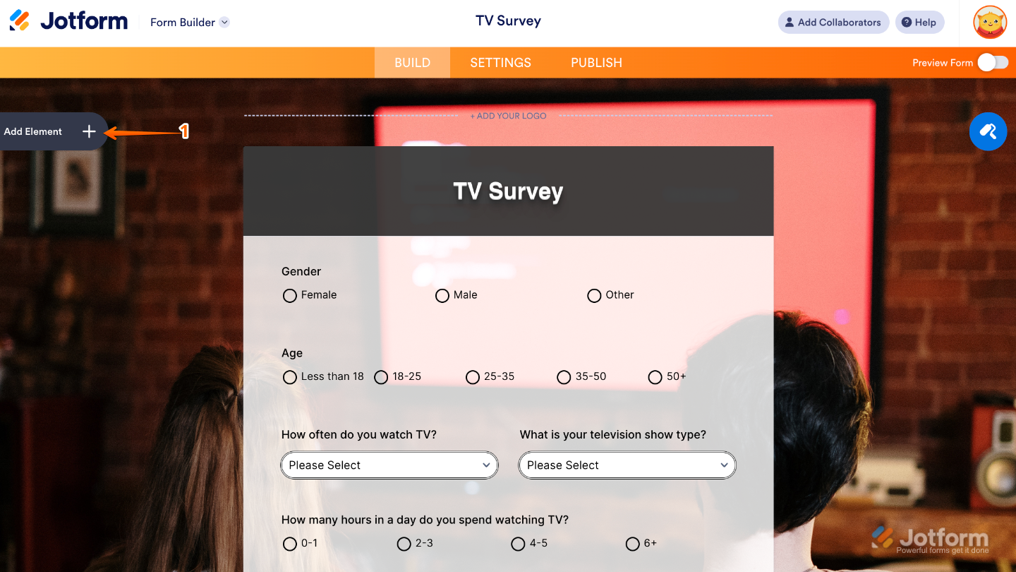 Form Builder dashboard showing the Add Element button on the left-side panel