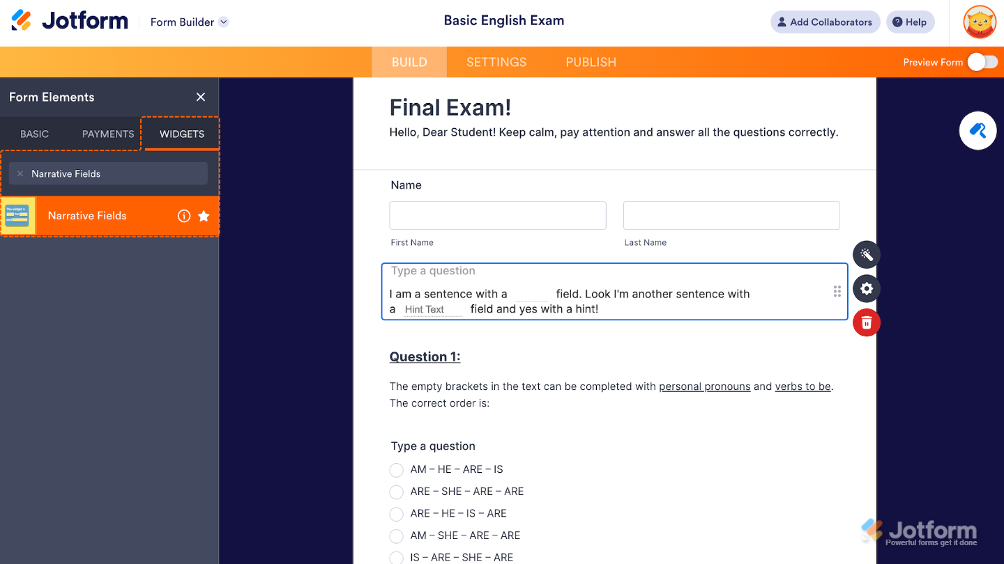 Form Elements menu under the Widgets tab showing the Narrative Fields widget being searched and selected