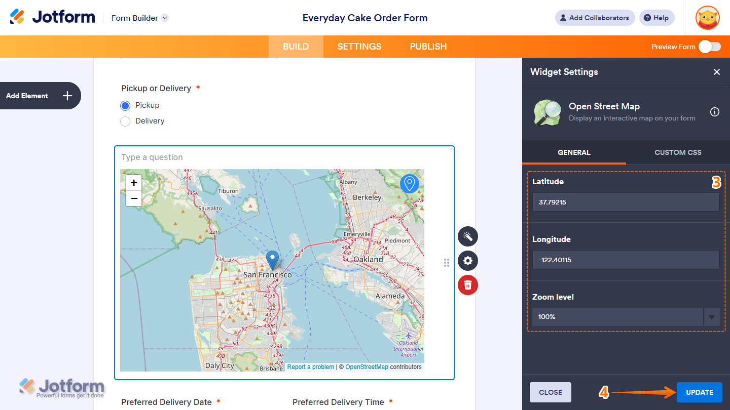 Open Street Map Widget Settings in Jotform Form Builder