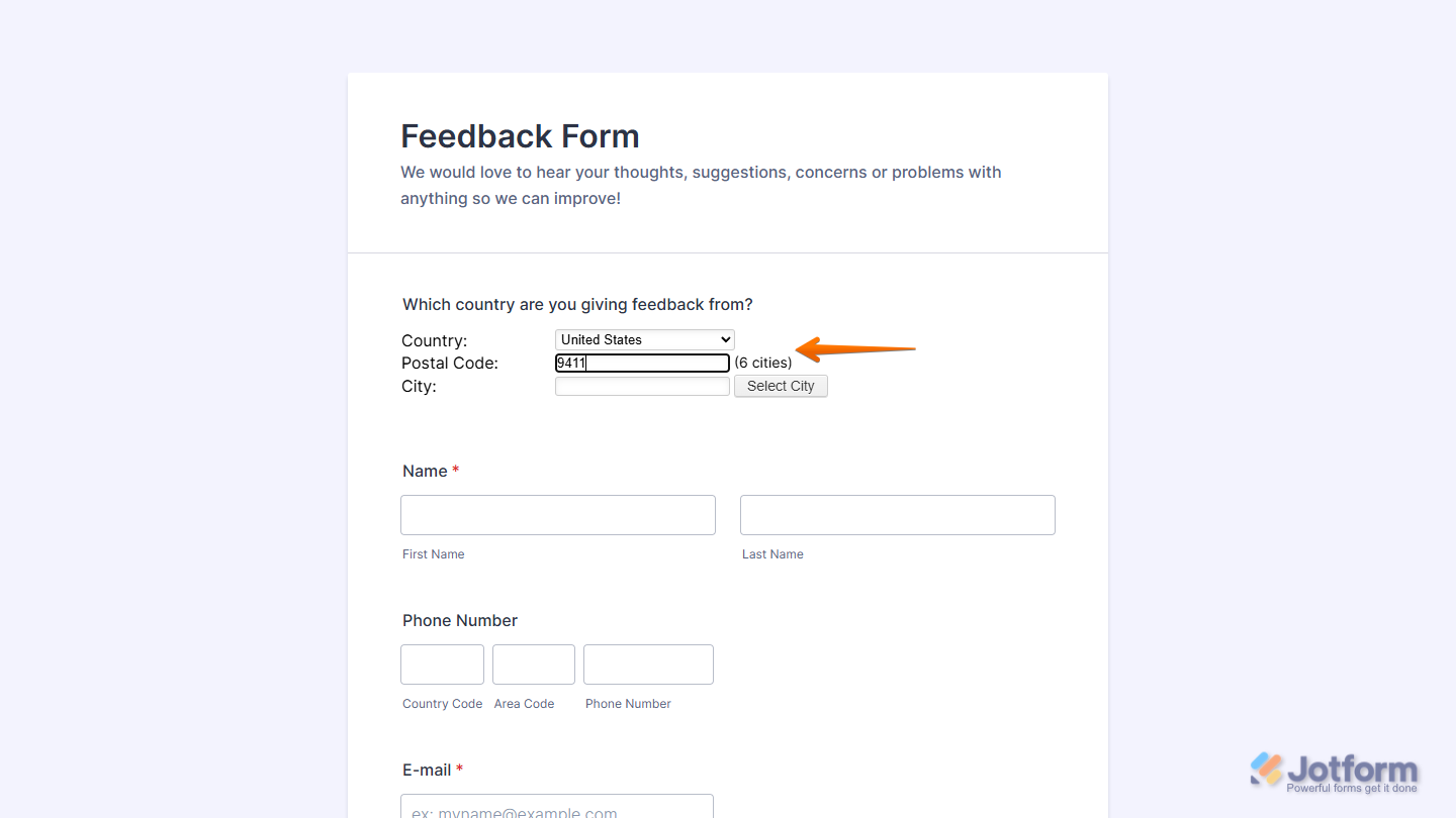 Postal Code Search widget on a Jotform Demo Form