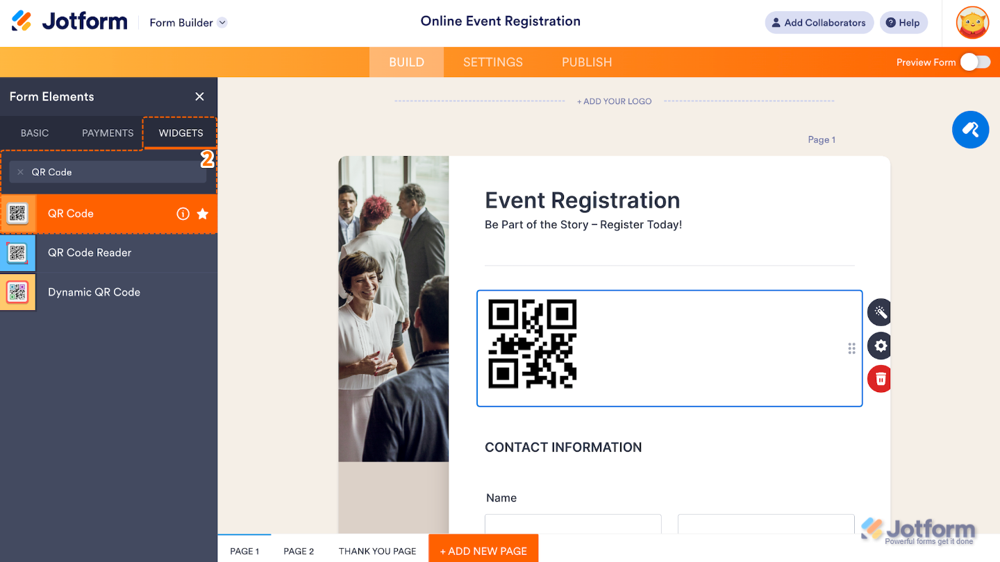 Form Elements menu under the Widgets tab showing the QR Code widget being searched and selected