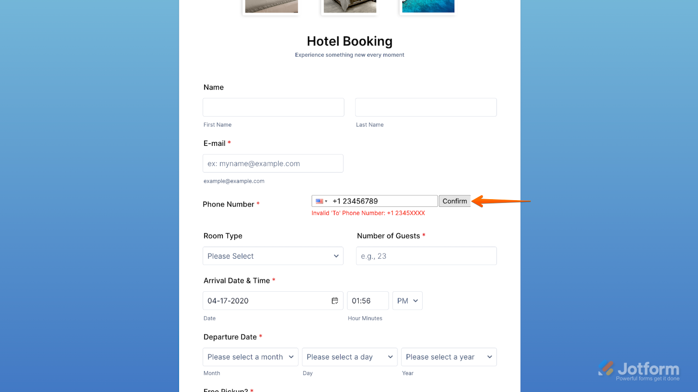 SMS Confirmation widget successfully added to a form, sending a verification code via SMS to users’ phone numbers