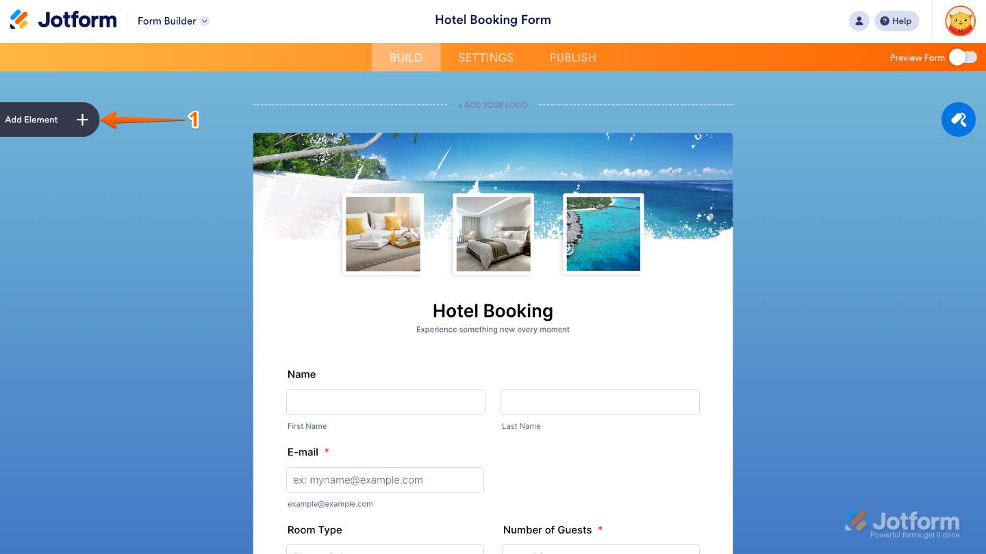 Form Builder interface highlighting the Add Element button on the left sidebar