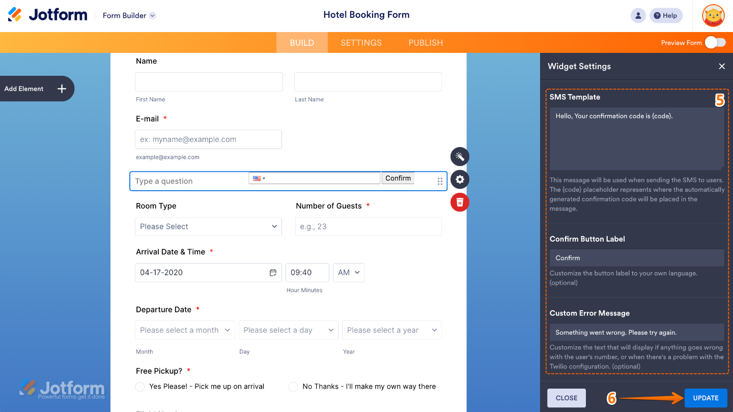 SMS Confirmation widget settings showing SMS Template, Confirm Button Label, and Custom Error Message fields, ready to update
