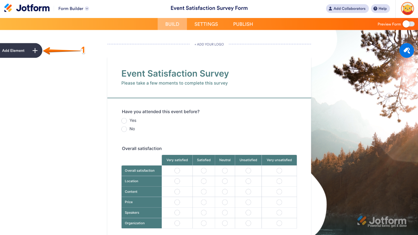 Form Builder interface showing the Add Element button on the left panel