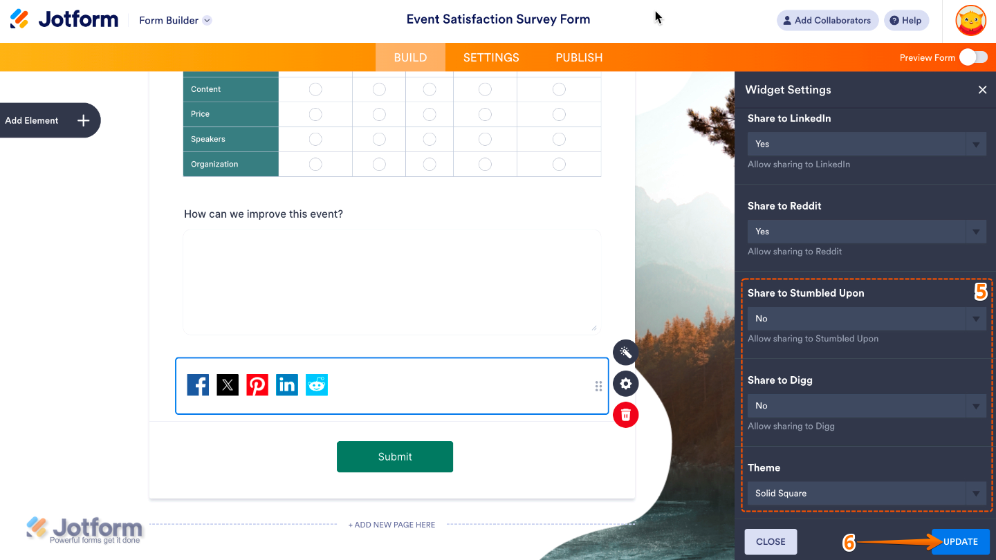 Social Share widget settings show Share to StumbleUpon, Share to Digg, and Theme options