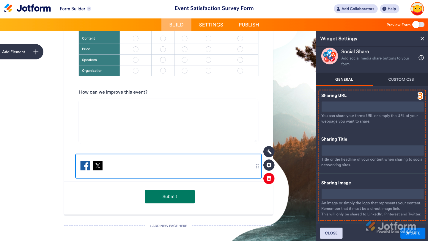 Configuring the Social Share widget in Jotform Form Builder with link, title, and image for social media sharing