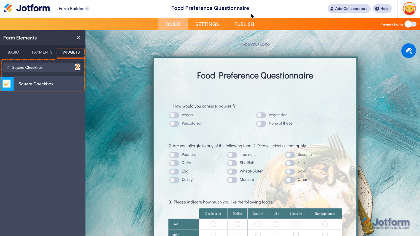 Form Elements menu under the Widgets tab showing the Square Checkbox widget being searched and selected