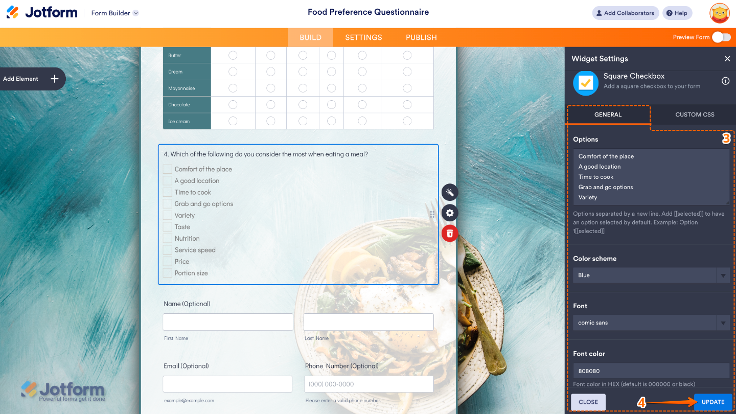 Square Checkbox widget settings showing Options list, Color Scheme, Font, and Font Color settings