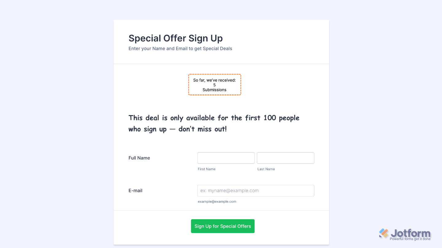 Form with the Submissions Counter widget set up, showing total, today’s, or remaining submissions to keep users informed