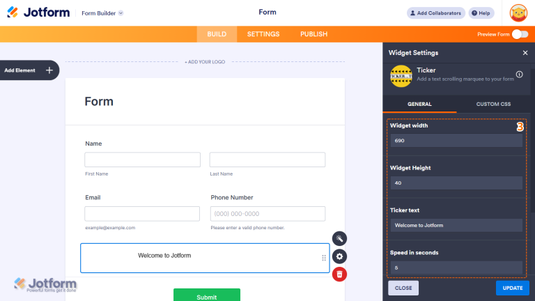 How to Add and Set Up the Ticker Widget on Your Form
