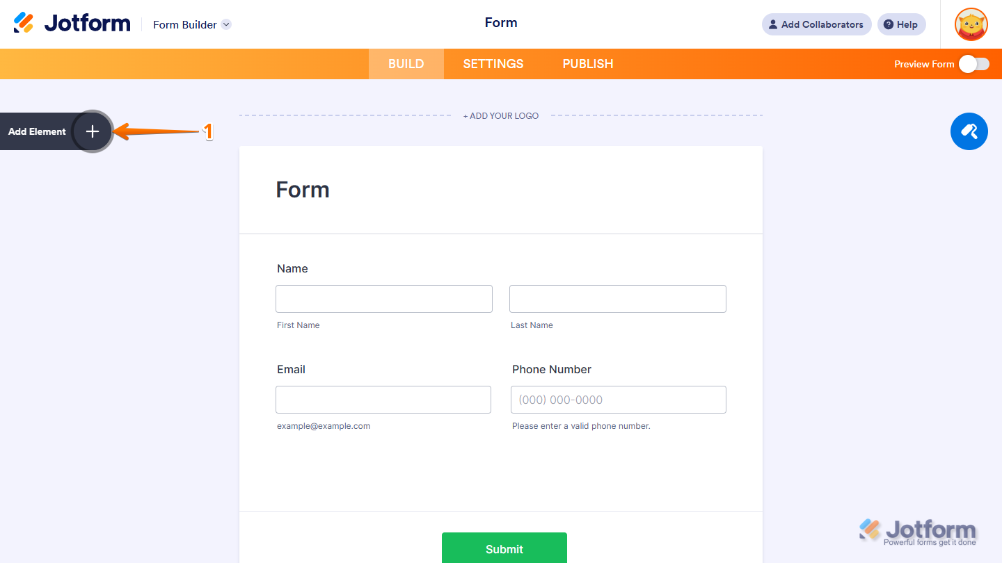 Form Builder Add Element menu in Jotform