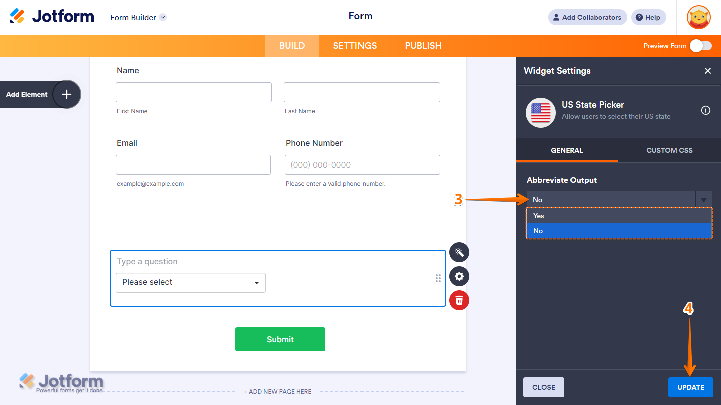 US State Picker widget General settings showing Abbreviate Output dropdown options and Update button in Jotform