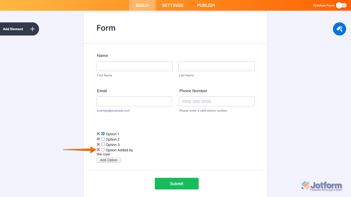 User Contributed Checkbox Highlight widget showing red X delete option button in Form Builder in Jotform