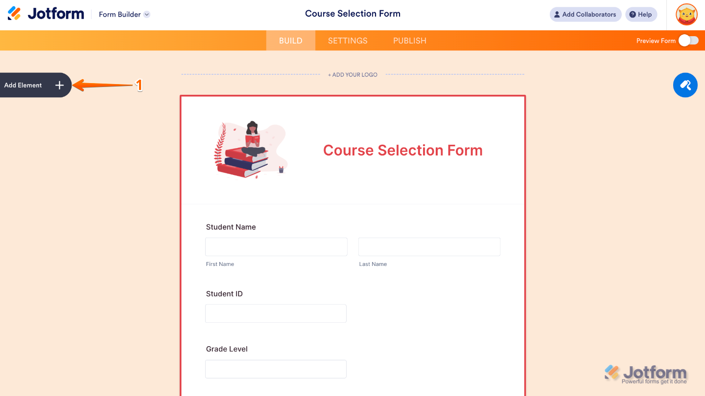 Form Builder interface showing the Add Element button on the left side of the page