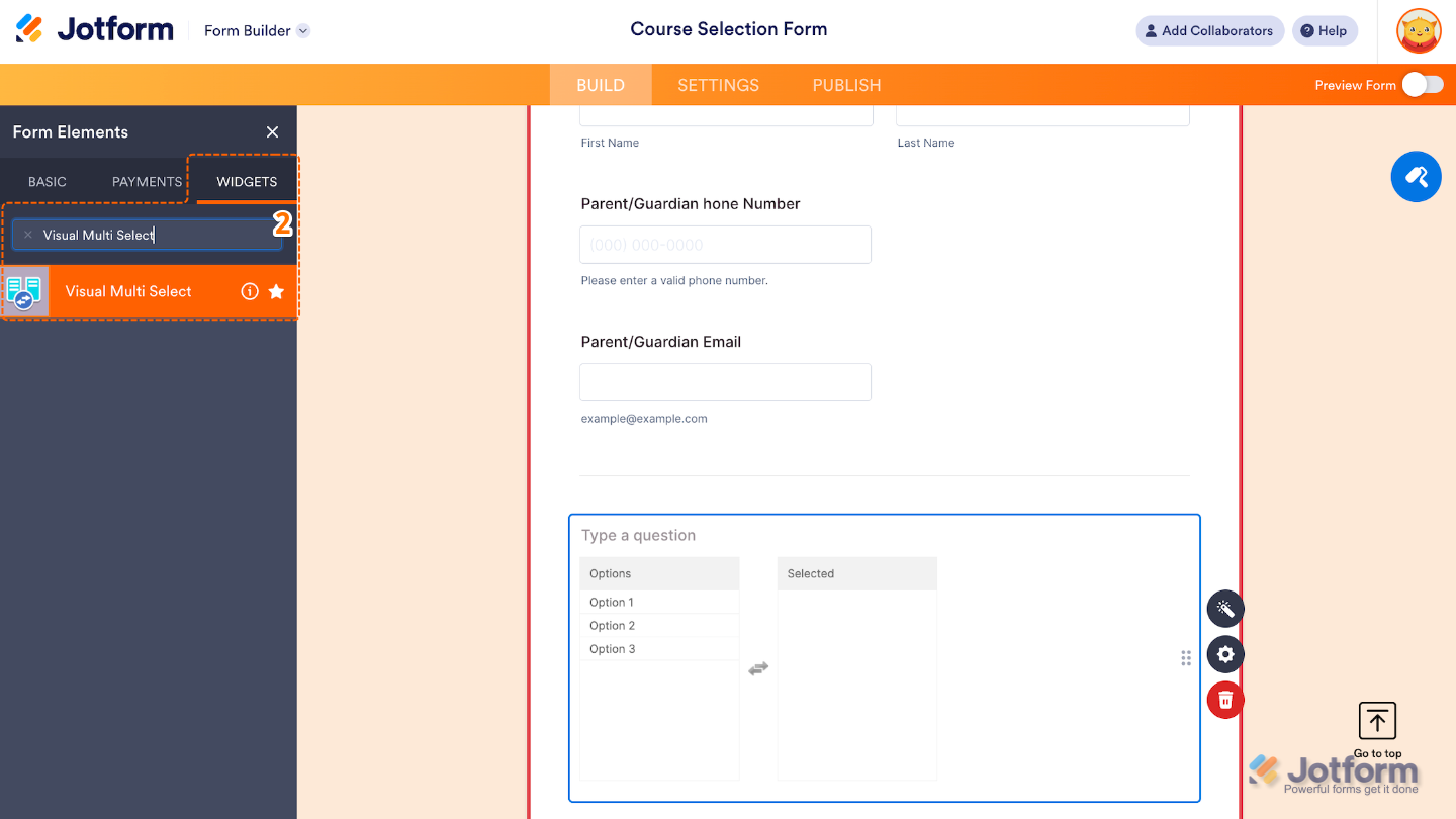 Form Elements menu under the Widgets tab showing the Visual Multi Select widget being searched and selected