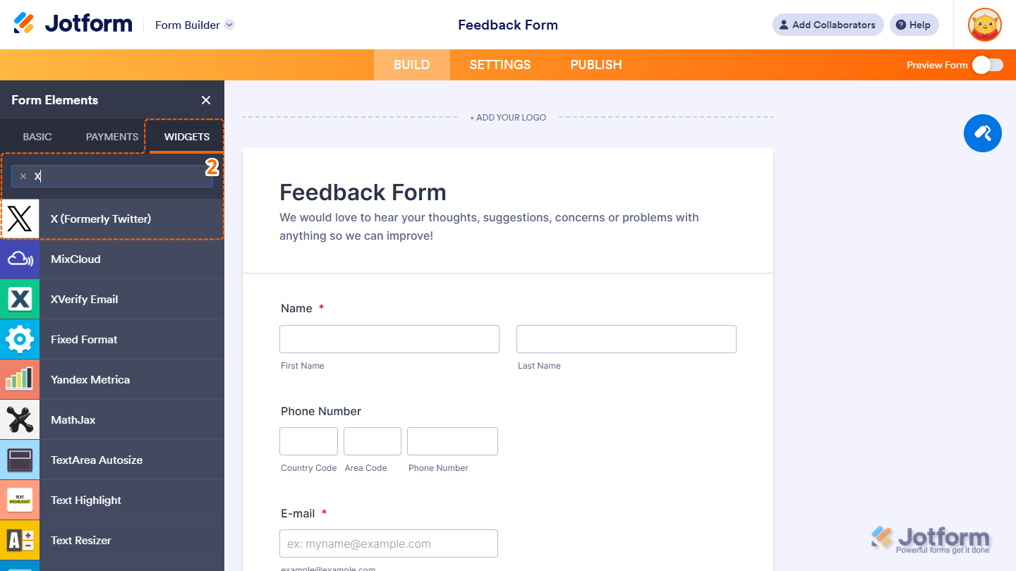 X (Formerly Twitter) element under the Widgets tab of the Form Elements menu in Jotform Form Builder