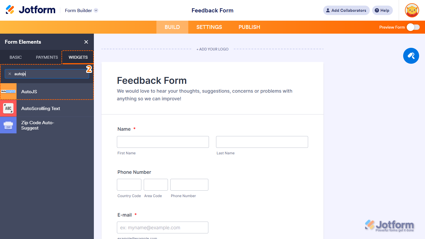 AutoJS element under the Widgets tab of the Form Elements menu in Jotform Form Builder