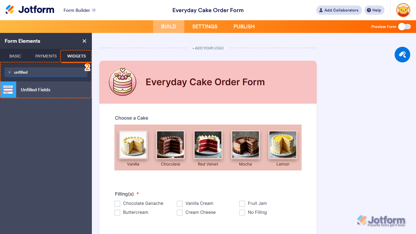 Unfilled Fields element under the Widgets tab of the Form Elements menu in Jotform Form Builder
