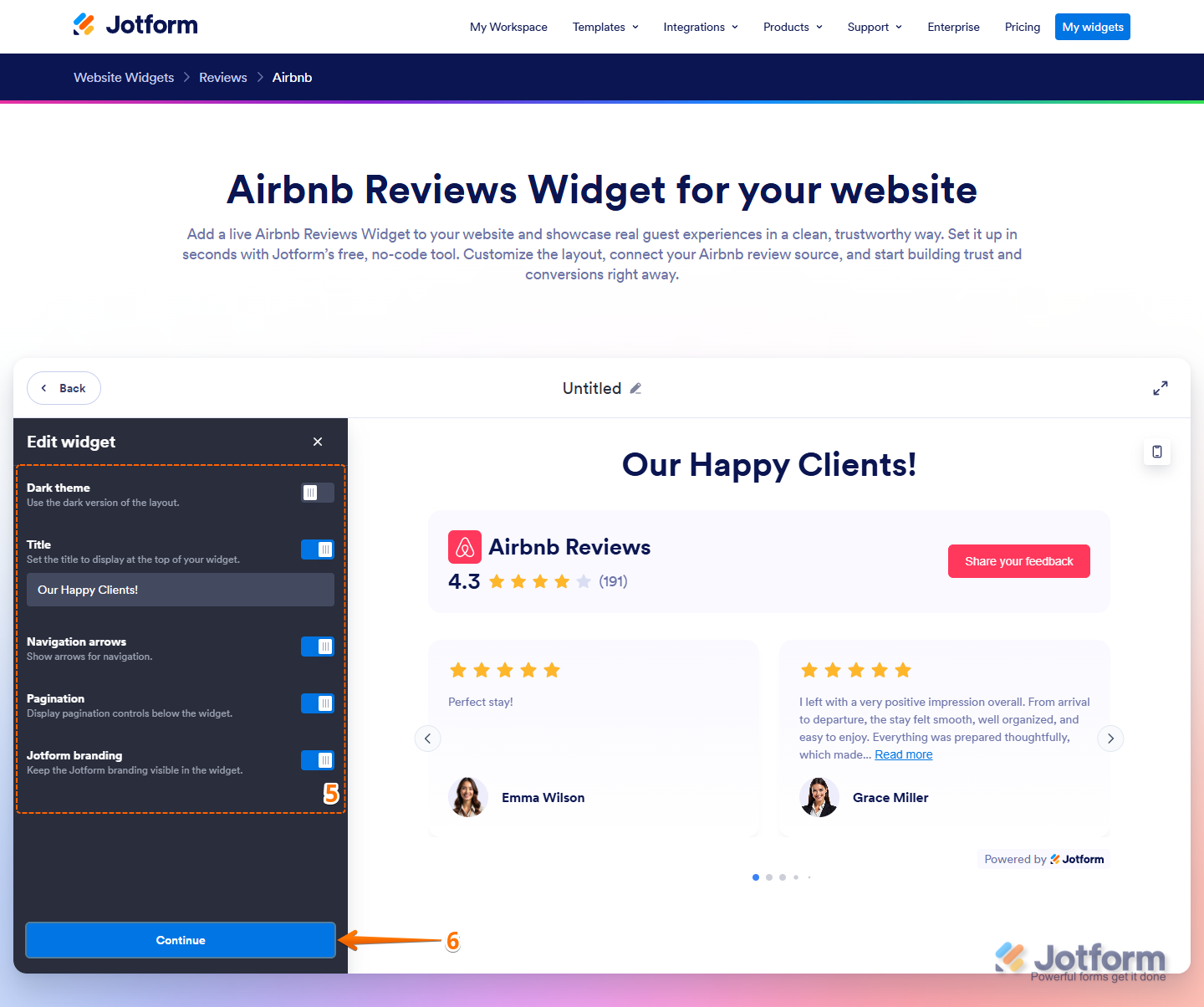 List of settings in the Edit Widget menu on the Airbnb Reviews Widget page
