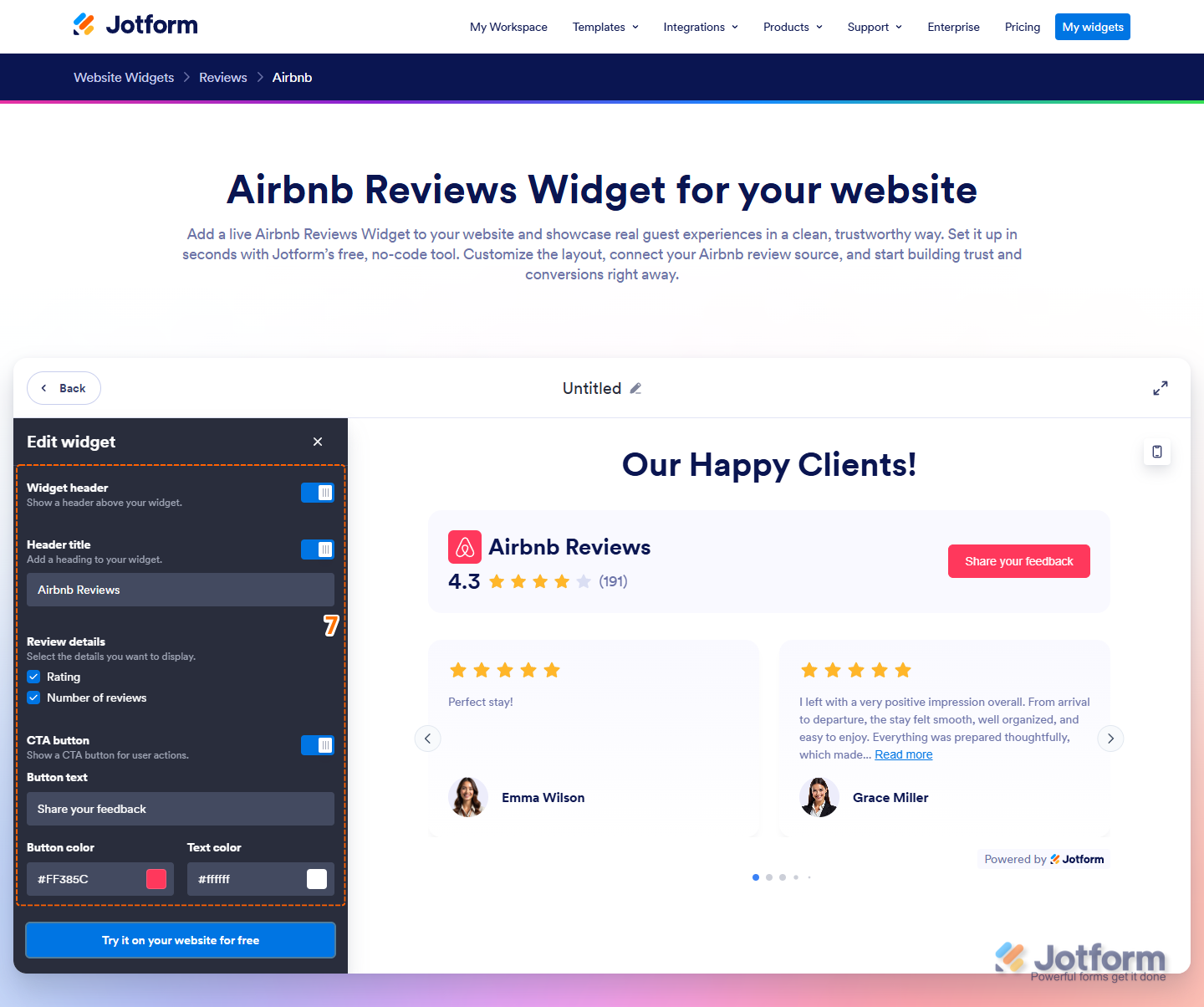Additional settings in the Edit Widget menu on the Airbnb Reviews Widget page