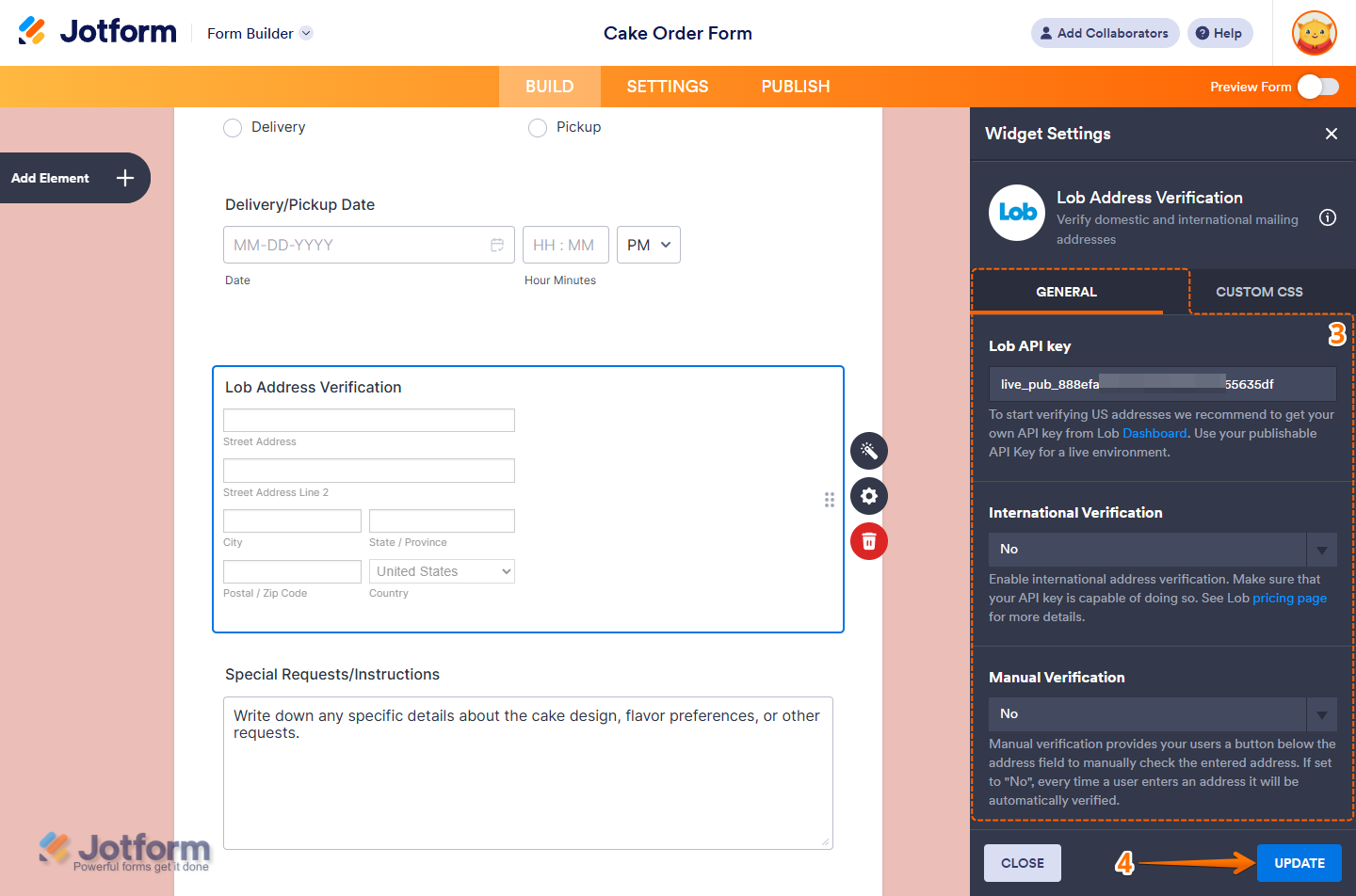 Lob Address Verification Widget Settings in Jotform Form Builder