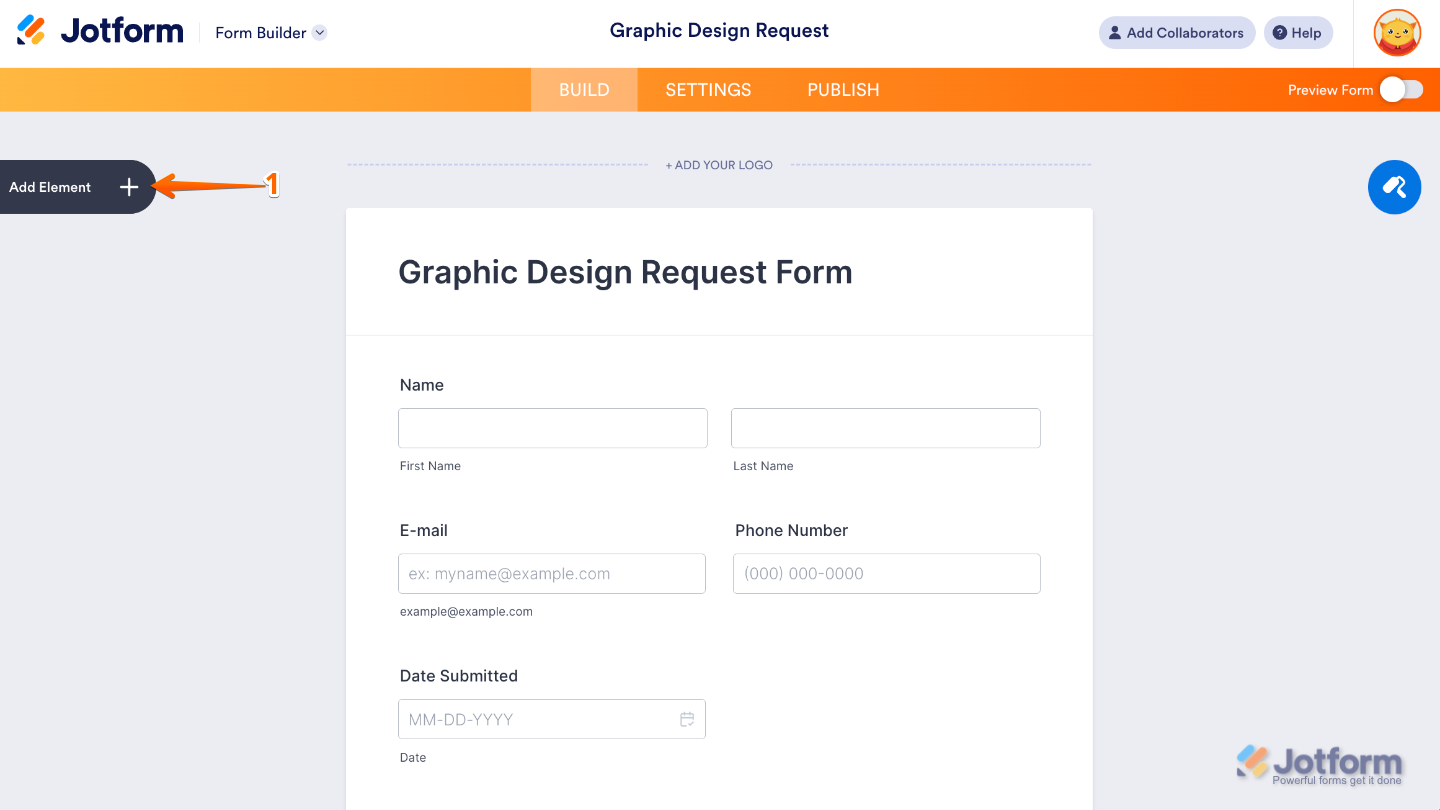 Form Builder interface showing the Add Element button on the left sidebar