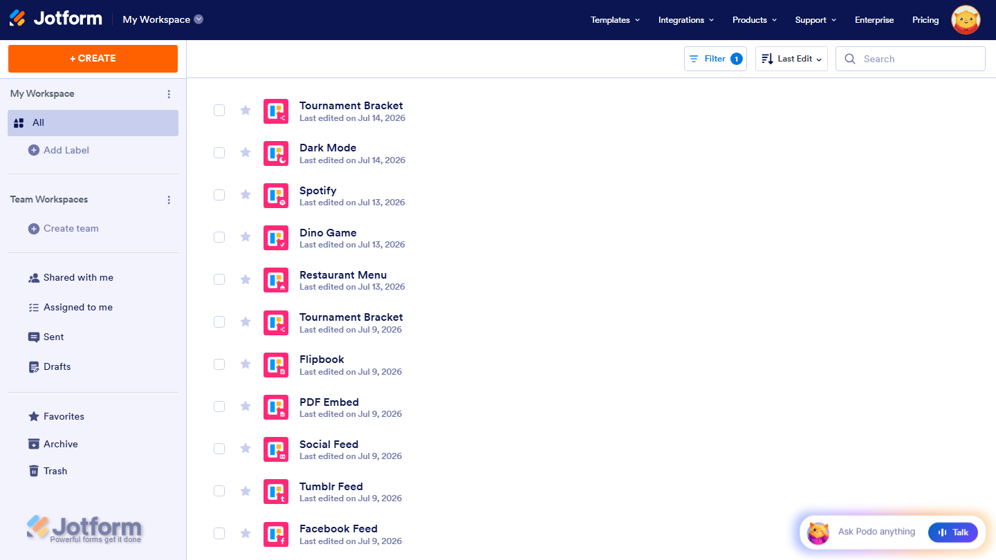 Jotform Workspace displaying only website widget assets after applying the Website Widgets filter, making it easier to browse and manage website widgets