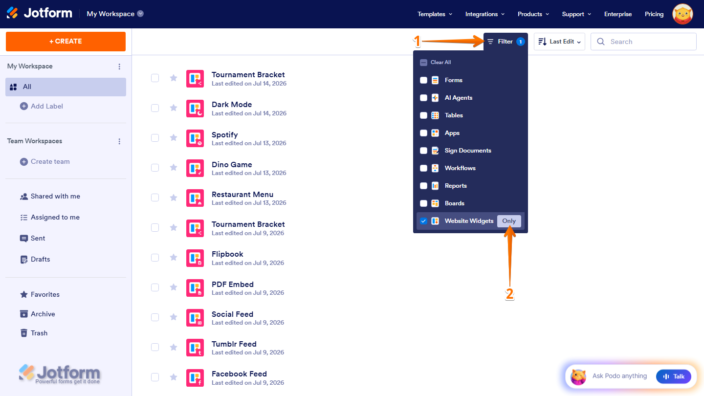 Jotform Workspace displaying the Filter dropdown menu with the Website Widgets filter set to Only, showing only website widget assets on the Workspace page