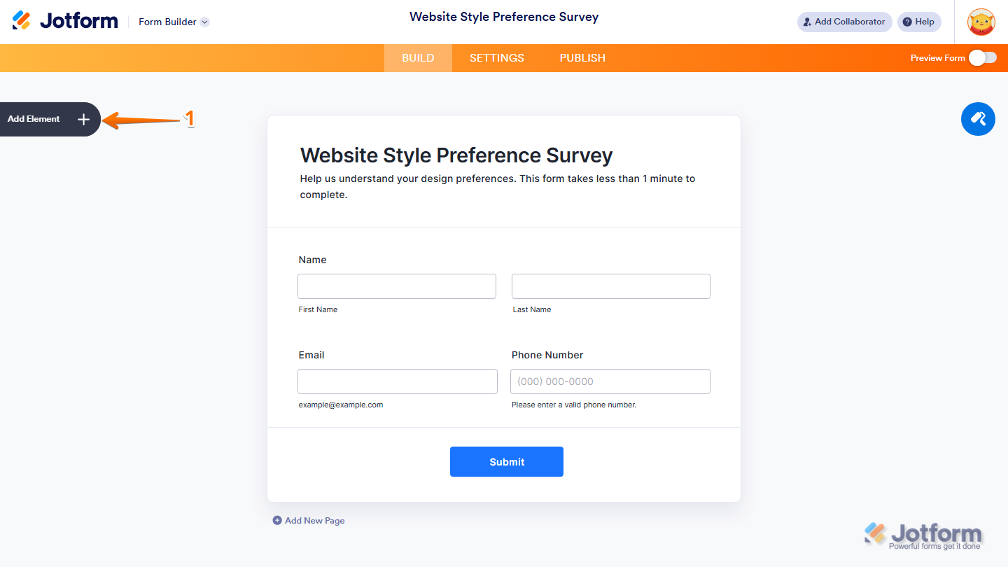 Form Builder Add Element menu in Jotform