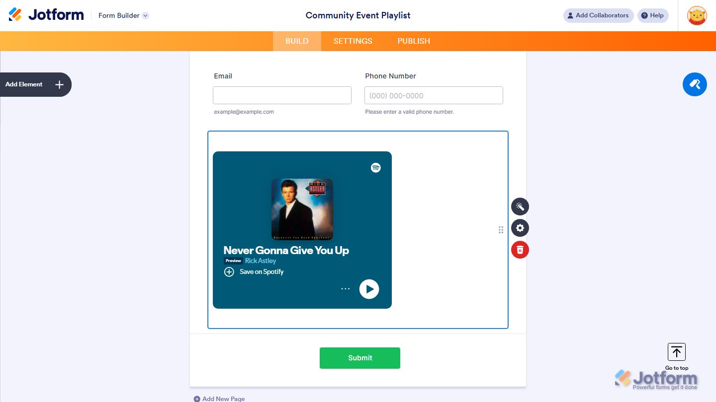 Spotify widget successfully added and configured on a Jotform form