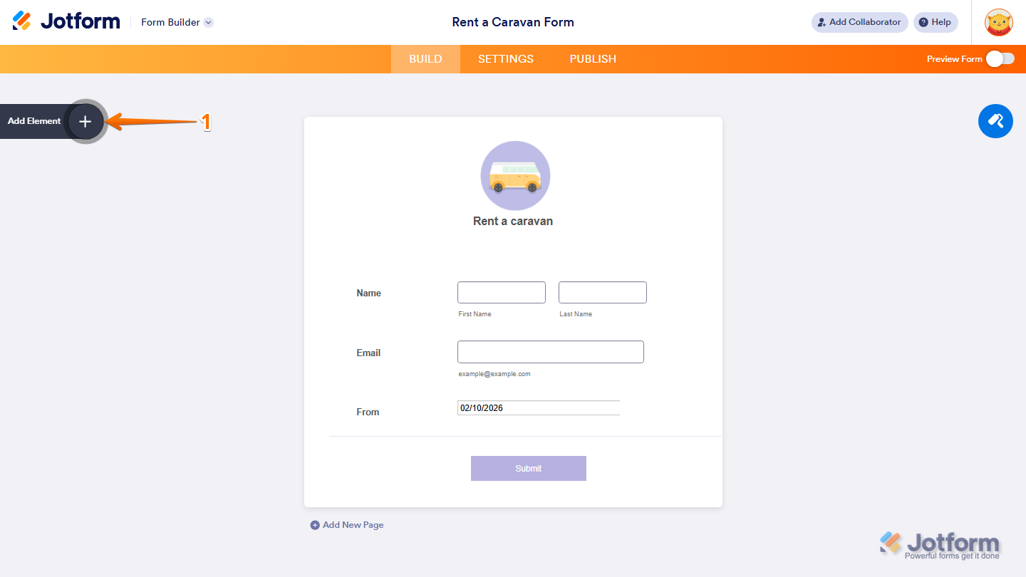 Form Builder Add Element menu in Jotform