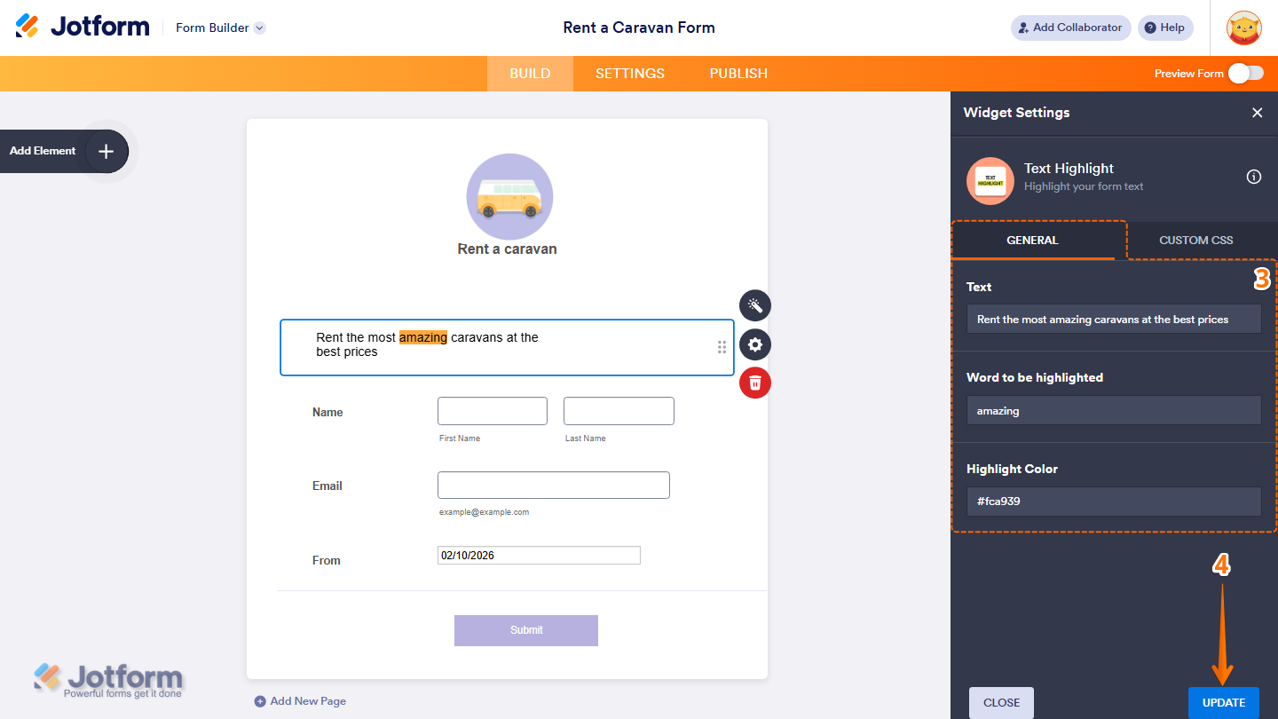 Text Highlight widget General settings showing Text Word to be Highlighted Highlight Color and Update button in Jotform