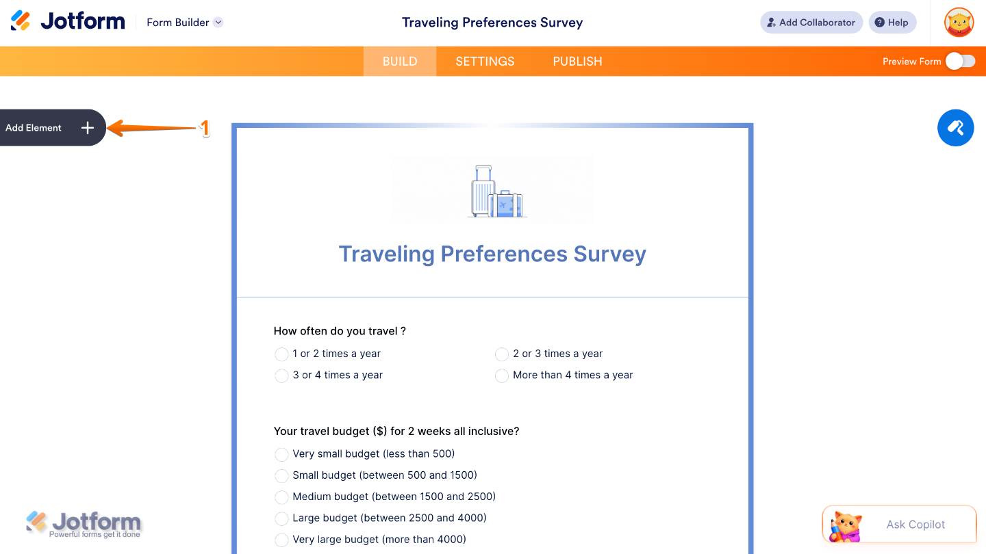 Form Builder interface showing the Add Element button on the left sidebar
