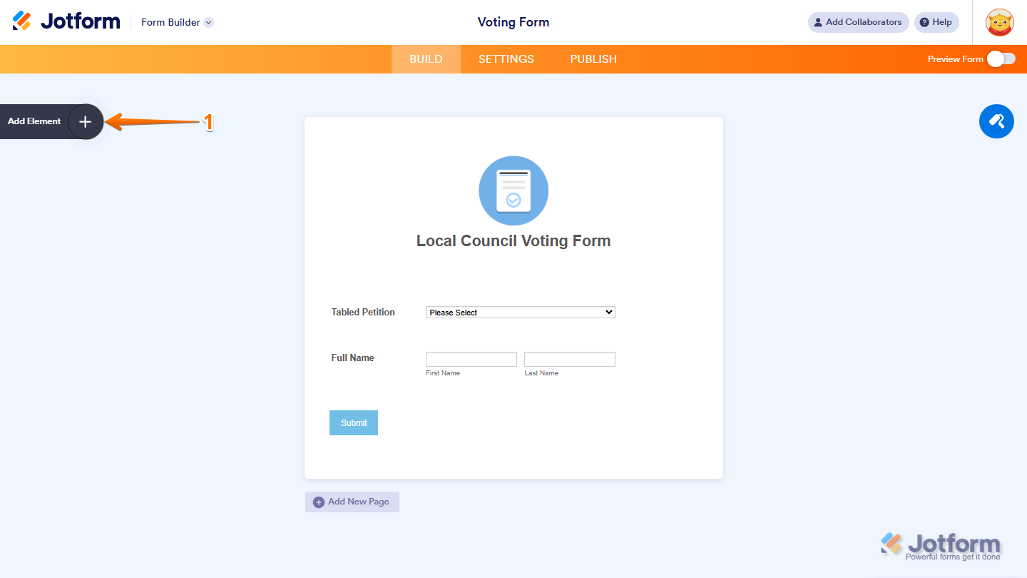 Form Builder Add Element menu in Jotform