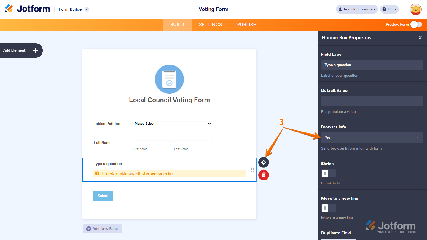 Hidden Box widget settings showing Browser Info option set to Yes in Jotform