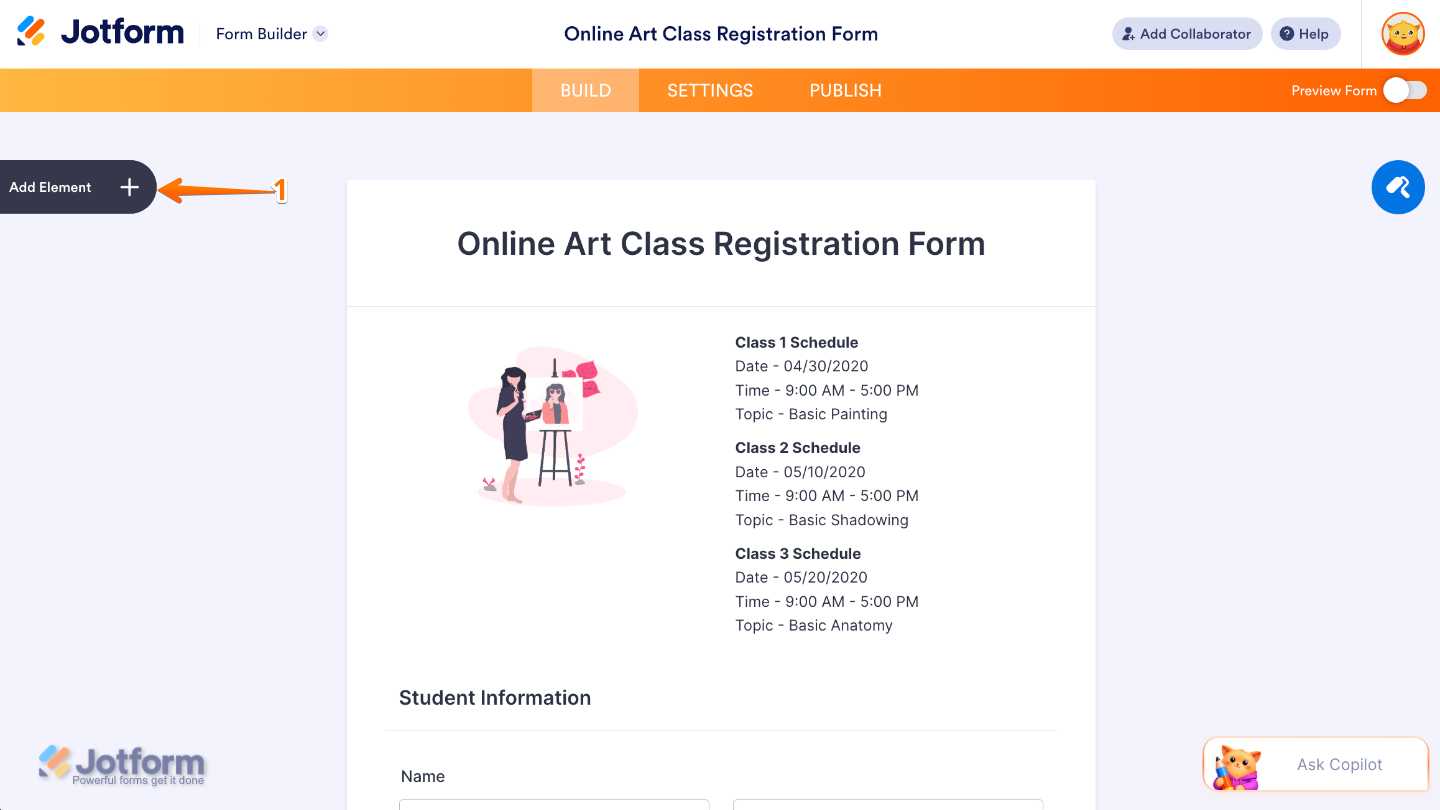 Form Builder interface showing the Add Element button on the left panel